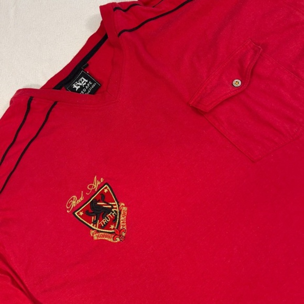 Red Ape Mens 3XL TShirt Red Graphic Patch Pocket V Neck Short Sleeve Embroidered